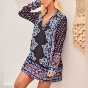 Free People Meadow Mod Long Sleeve Mini Dress, Navy Blue, Orange, Boho NWT